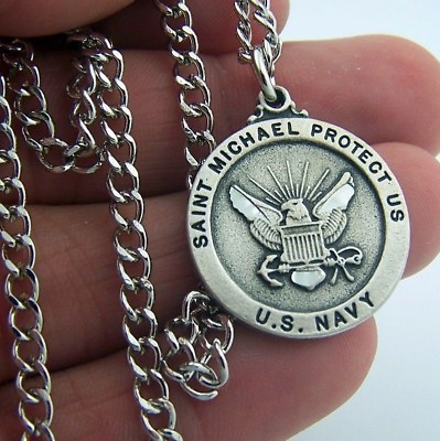#ad Mens Silver Pewter USA Navy Saint St Michael Military Protection Medal W Chain N $14.99