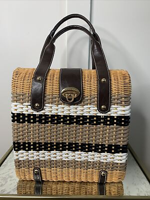 #ad Trina Turk Womens Large Rattan Basket Weave Tote Purse Double Leather Handles