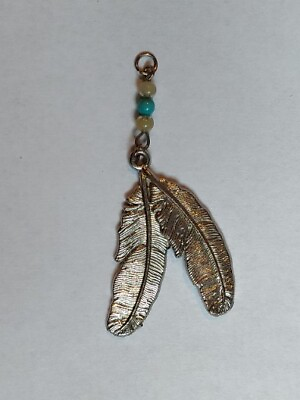 #ad Feather Pendant Silver Toned Metal 3 Small Beads