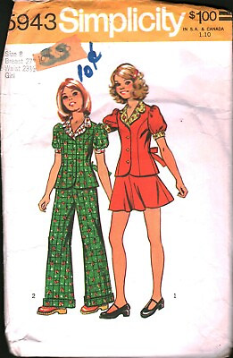#ad 5943 Vintage Simplicity Sewing Pattern Girls 1970s 2 Piece Short Dress Pantsuit