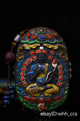 #ad 3.2quot; China Tibet Natural stone Hand made filigree Inlaid gemstones Dzi Amulet