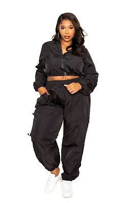 #ad Women#x27;s Black Plus Size Hooded Active Cord Zip Up Set 1XL