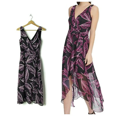 #ad DKNY elegant purple leaf print chiffon flowy midi dress sz 2 V neck surplice New
