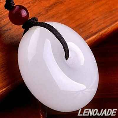 #ad Chinese HeTian Jade White Jewelry Donut Shape Charm Pendant with Cord Necklace