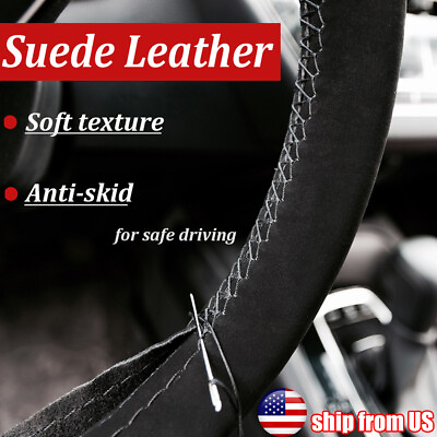 #ad 15quot; DIY Anti Slip Genuine Leather Suede Steering Wheel Cover Car Protector Black