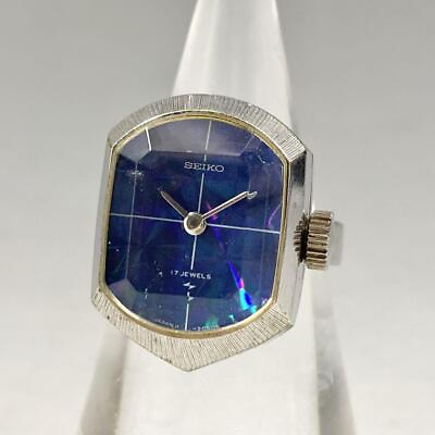 #ad Seiko Vintage Ring Watch Manual Winding AWGP 18mm Blue Dial Cut Glass