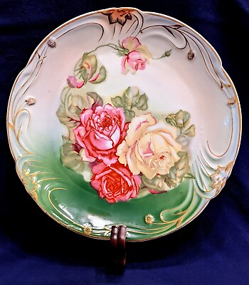 #ad Cake Plate 12quot; Hand Painted Roses and Swirls Absolutely Stunning
