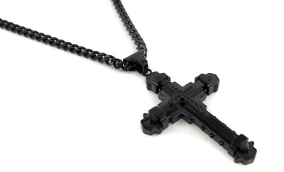 #ad Stainless Steel Black Cz Cross Pendant with Chain Necklace 24quot; Black Curb Chain