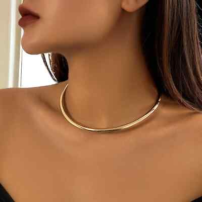 #ad 14K Yellow Gold Plated 925 Silver Simple Plain Cuff Choker Necklace for Women