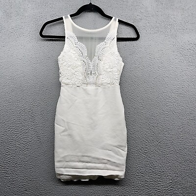 #ad Lulus Women Mini Bodycon Dress White Crochet Sleeveless Scoop Neck Sheer Size XS