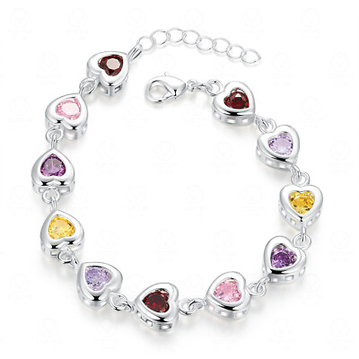 #ad Women‘s Multi Color Heart Chain Bracelet 925 Sterling Silver Adjustable $10.44