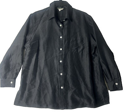 #ad Harve Benard 14 100% Silk Black Button Up Collared Long Sleeve fabric Flaws