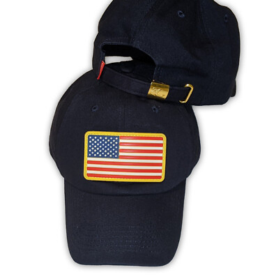 #ad USA American Flag Cap Unstructured Dad hat Navy PVC Hook amp; Loop Gold Metal