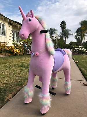 #ad MEDALLION My Pony Ride On Real Walking Horse Medium Pink Rainbow Unicorn