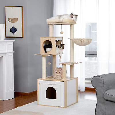 #ad PAWZ Road 56quot; Cat Tree Tower Wooden Condo House Cat Litter Box Enclosure Scratch