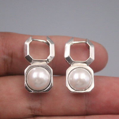 #ad Real 925 Sterling Silver Handmade Pearl Square Huggie Earrings Hoop 1inchL