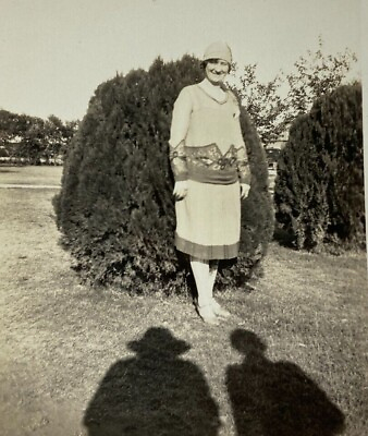 #ad Woman In Dress Standing By Bush Two Shadows Bamp;W Photograph 3.5 x 4.5