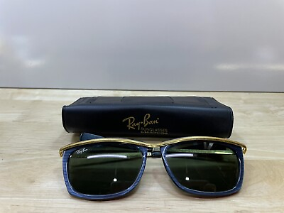 #ad Vintage Ray Ban USA Olympian II Wrap L1004 Blue amp; Gold Frame Green Sunglasses