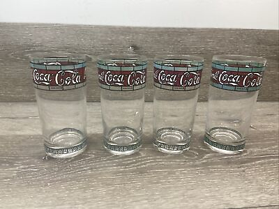 #ad 1970’s COCA COLA Drinking Glass Soda Tiffany Style Stained Clear 16 Oz set Of 4