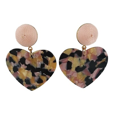 #ad Vintage 80s Pink Lucite Tortoise Shell Heart Pierced Earrings Dangle Drop