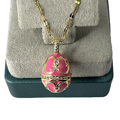 #ad Enamel Egg Pendant Necklace Gold Tone Chain Pink Crystal Rhinestone