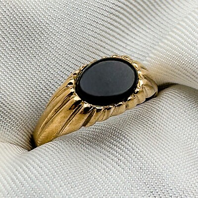 #ad 9ct Vintage Yellow Gold Onyx Textured Signet Ring Size O1 2 Hallmarked