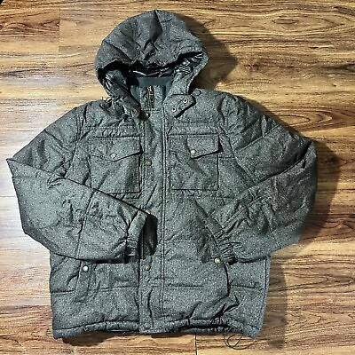 #ad Tommy Hilfiger Puffer Winter Coat Toggle Hood Full Zip Snap Pockets Mens L Gray