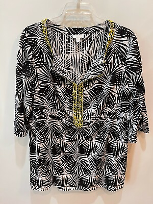 #ad Charter Club Size 20W Black White Palm Print Beaded 3 4 Sleeve Blouse Tunic Top
