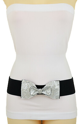 #ad Women Gift Present Prom Silver Bling Bow Tie Buckle Belt Black Elastic Band S M