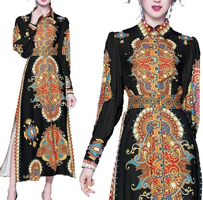 #ad Women Vintage Style Printing Empire Waist Shirt Dress Fashion Slit Long Sleeve L