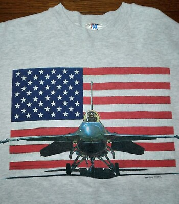 #ad Vintage 1990#x27;s Mach 1 American Flag Jet Medium Crewneck Sweatshirt Grey Military