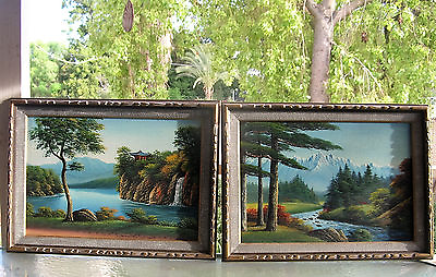 #ad PAIR OIL PAINTING LANDSCAPE TREES MOUNTAINS PAIR WATER