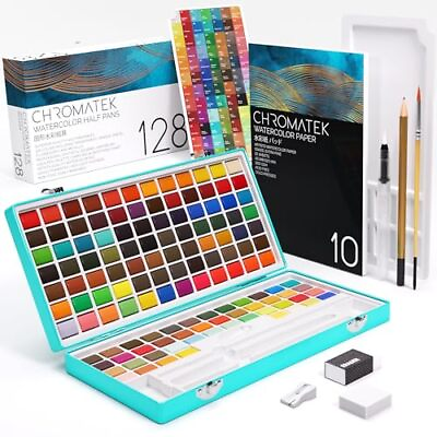 #ad Watercolor Paint Set 128 Vivid Colors in Portable Box With Pad Brushes and Ev...