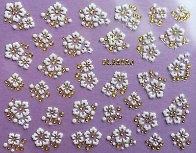 #ad Nail Art 3D Decal Stickers White Flowers Gold Accents BLE262J