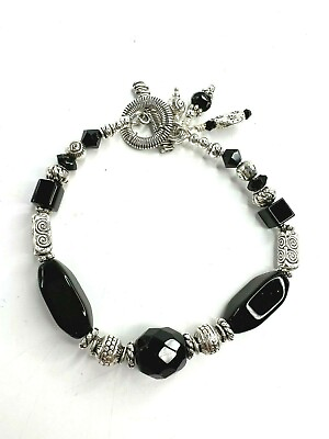 #ad Handmade Black Silver Beaded Bracelet Toggle Clasp Charm Southwest Boho