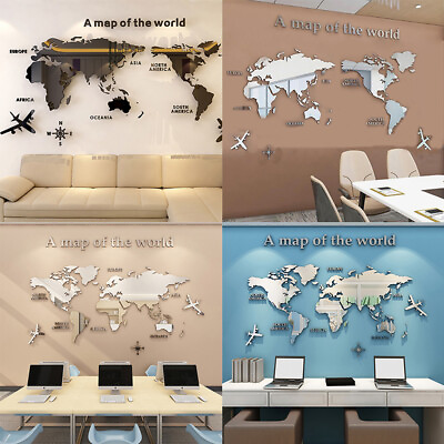 #ad World Map 3D Acrylic Wall Sticker Bedroom Office Background Wallpaper Decoration