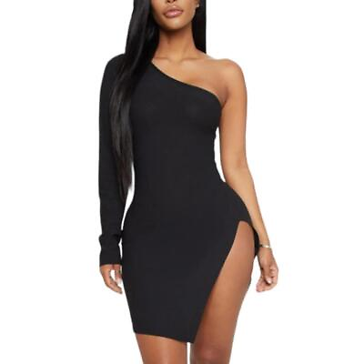 #ad PrettyLittleThing l NWT Black One Shoulder Slit Bodycon Dress Size 4