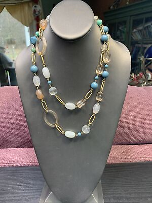 #ad Vintage Lucite Swirl Beaded Turquoise Color Long Sweater. Necklace 40”