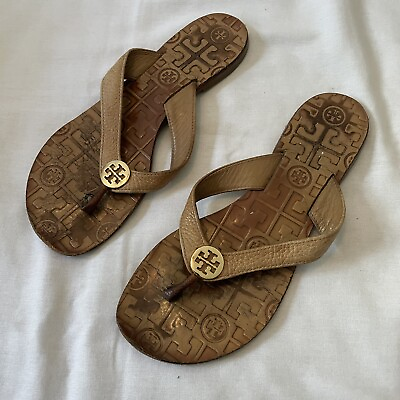 #ad TORY BURCH Women’s 7 Thora Embossed Tan w Gold Logo Leather Flip Flops Sandals $31.49