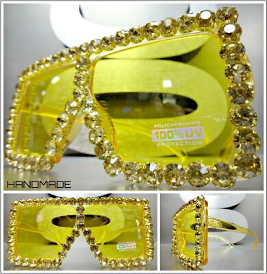 #ad Oversized Retro Shield SUN GLASSES Yellow Frame Lens Large Rhinestones Handmade