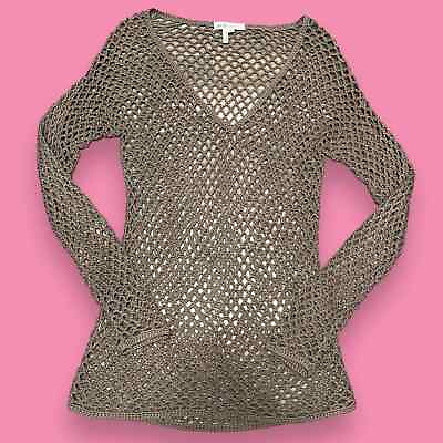 #ad BCBGeneration Crochet Fishnet Long Sleeve Gray Open Knit Cover Up Top Size M