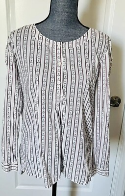 #ad Tommy Hilfiger Anchor Striped Cotton Top Blouse Tie Front Sz M Roll Tab Sleeves