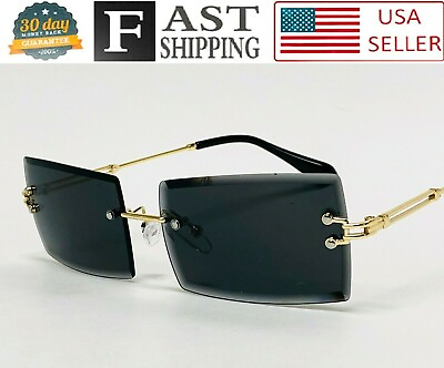 #ad Men#x27;s Rimless Vintage Retro Rectangle Gold CLEAR Lens Fashion Hip Hop Glasses