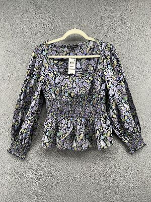 #ad INC International Concepts Women Smocked Floral Square Neck Top Purple Small $69