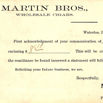 #ad 1900 Martin Bros Cigars Receipt Postcard US Jefferson Postal Card Waterloo IA A1