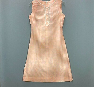 #ad True Vintage Ladies Dress 50s 60s 70s Gingham Check Orange Peach 32quot; Waist
