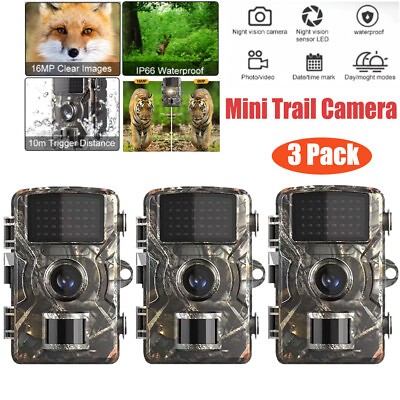 #ad 3PACK Mini Trail Camera 16MP 1080P Night Vision Camera Outdoor Trap Camera New