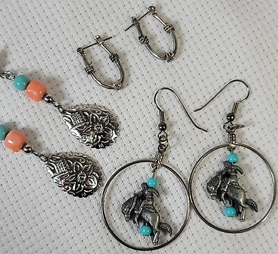 #ad Vintage Lot 3 Pair Western Pewter Turquoise Horse Rodeo Horseshoe Earrings CLEAN