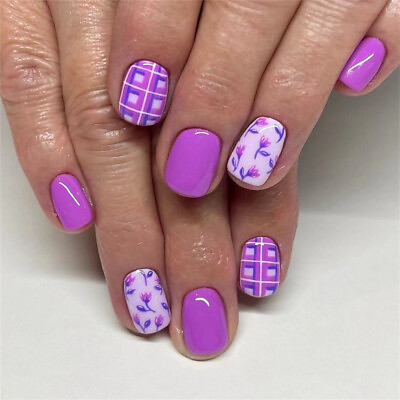 #ad Square Short Press On False Nail Geometric Floral Purple Color Manicure 24pcs