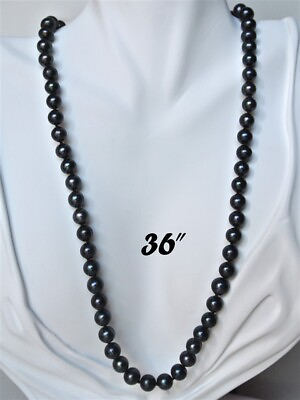 #ad Long 36 Inch Genuine 8 9mm ROUND Black Pearl Necklace Cultured Freshwater